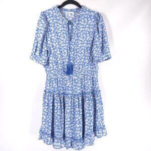 Heartloom Mariel Blue White Floral‎ Mini Dress Ruffled Skirt Tassels MEDIUM